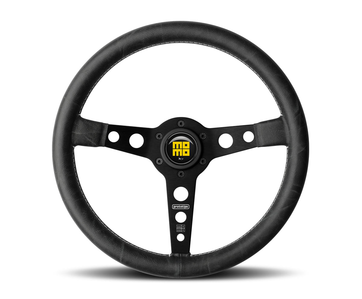 Momo Prototipo Heritage Steering Wheel - Leather - Black Anodized 6 bolt