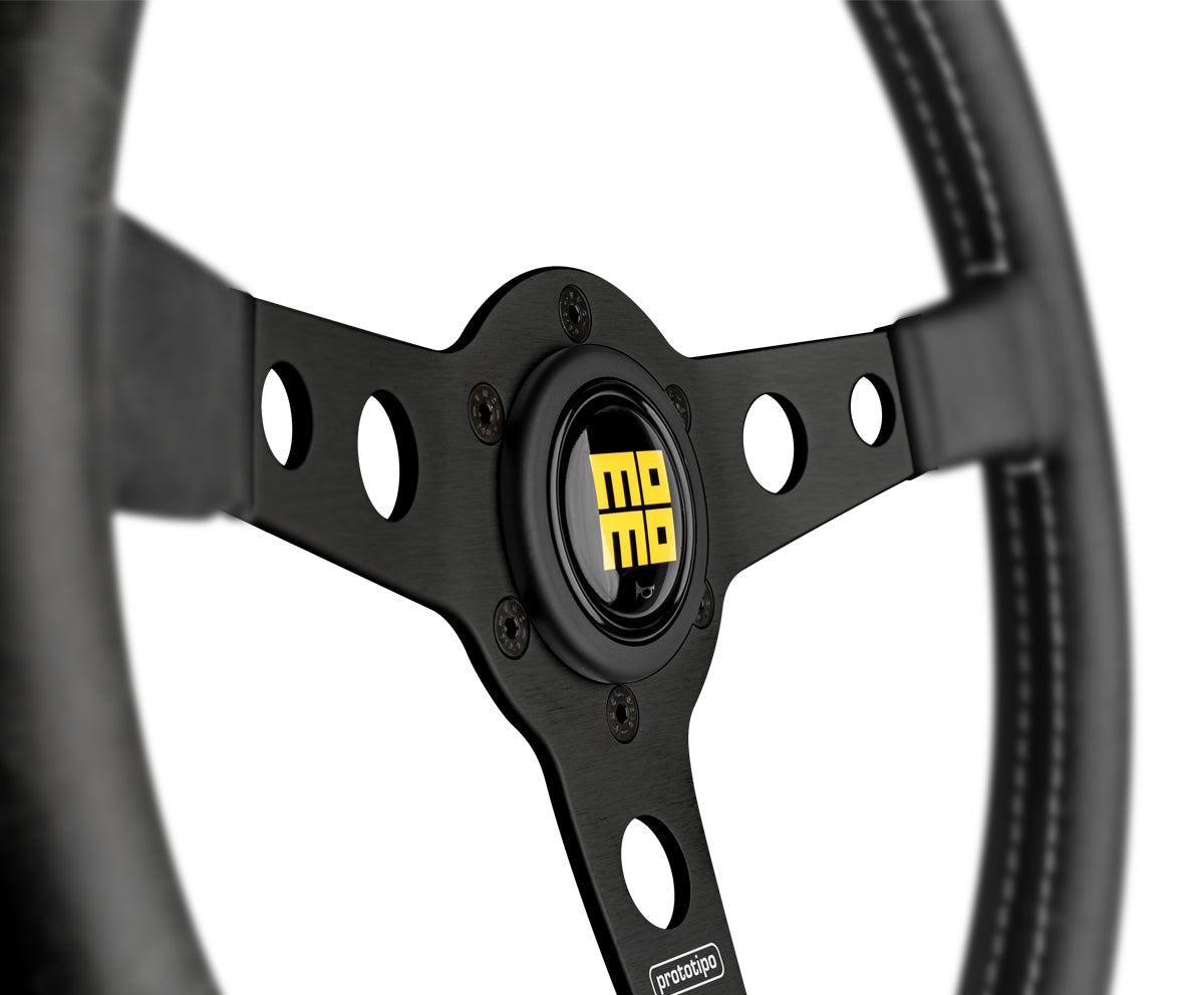 Momo Prototipo Heritage Steering Wheel - Leather - Black Anodized 6 bolt