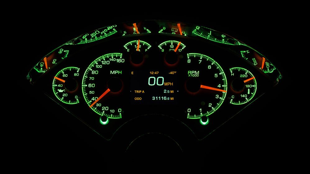 Dakota Digital HDX Gauges for 1955- 56 Chevy Car - HDX-55C illuminated in the Mint theme.