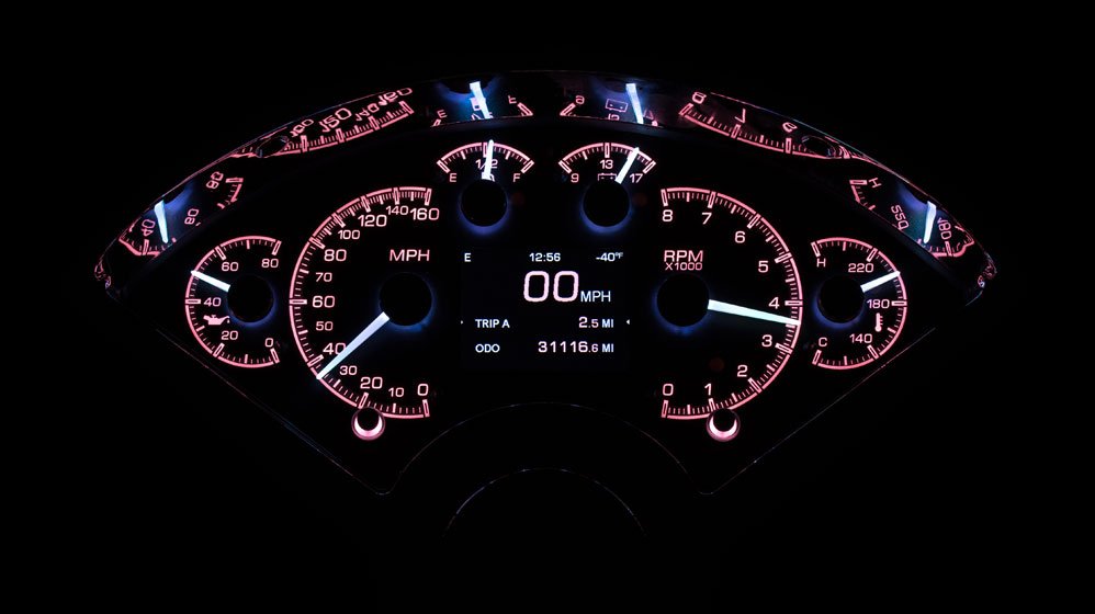 Dakota Digital HDX Gauges for 1955- 56 Chevy Car - HDX-55C illuminated in the Wild Rose theme.