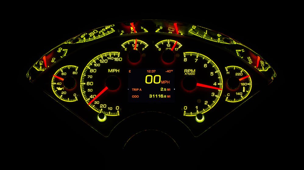 Dakota Digital HDX Gauges for 1955- 56 Chevy Car - HDX-55C illuminated in the Yellow Flare theme.