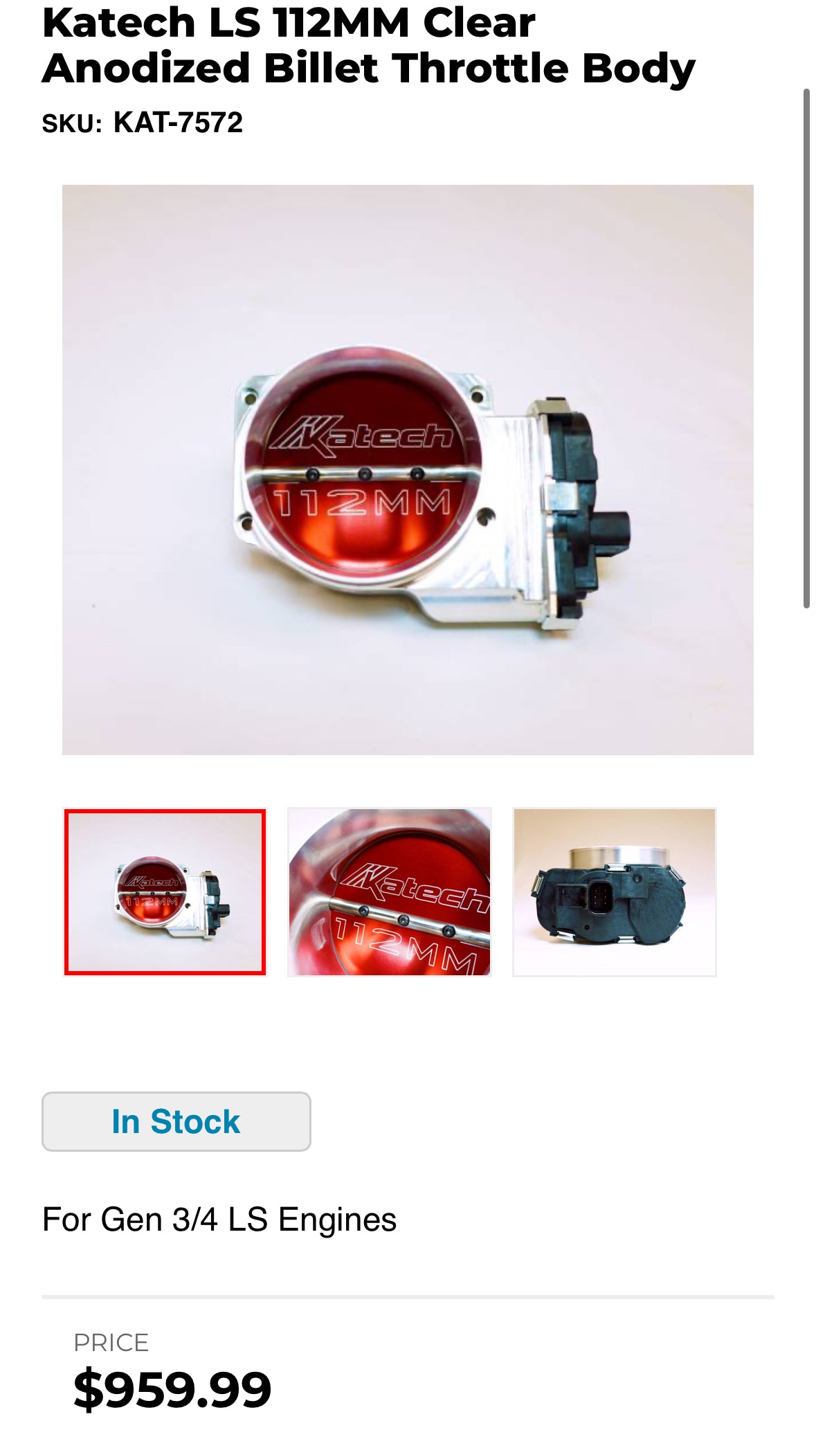 GARAGE SALE - Katech 112mm LS DBW Throttle Body Clear Anodized billet