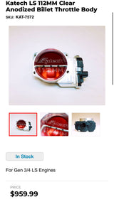 GARAGE SALE - Katech 112mm LS DBW Throttle Body Clear Anodized billet