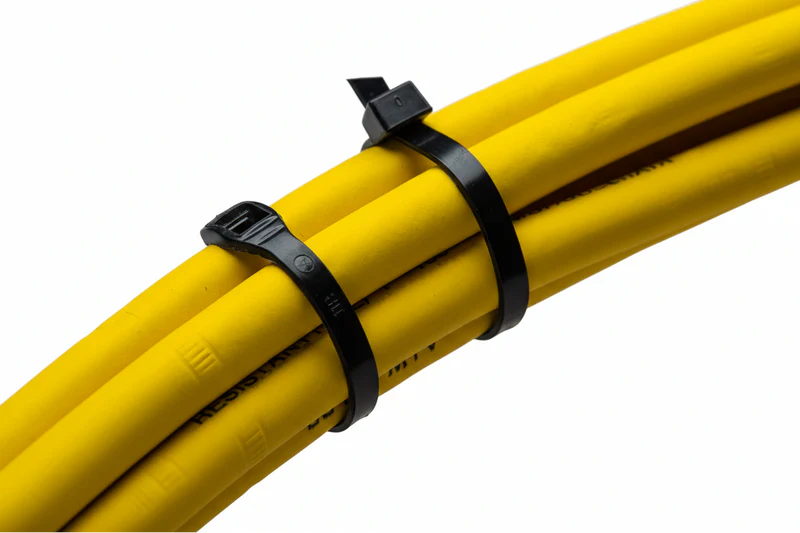Two black Cobra low profile cable ties bundling a coil of thick yellow hoses tightly together.