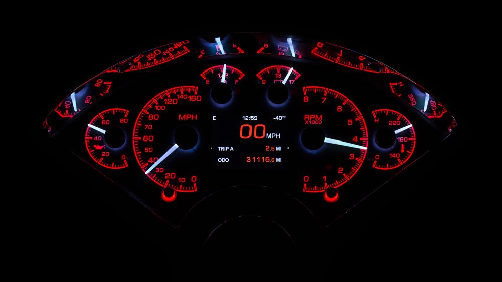 Dakota Digital HDX Gauges for 1955- 56 Chevy Car - HDX-55C illuminated in the Fire and Ice theme.