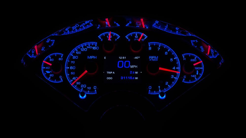 Dakota Digital HDX Gauges for 1955- 56 Chevy Car - HDX-55C illuminated in the Ice and Fire theme.
