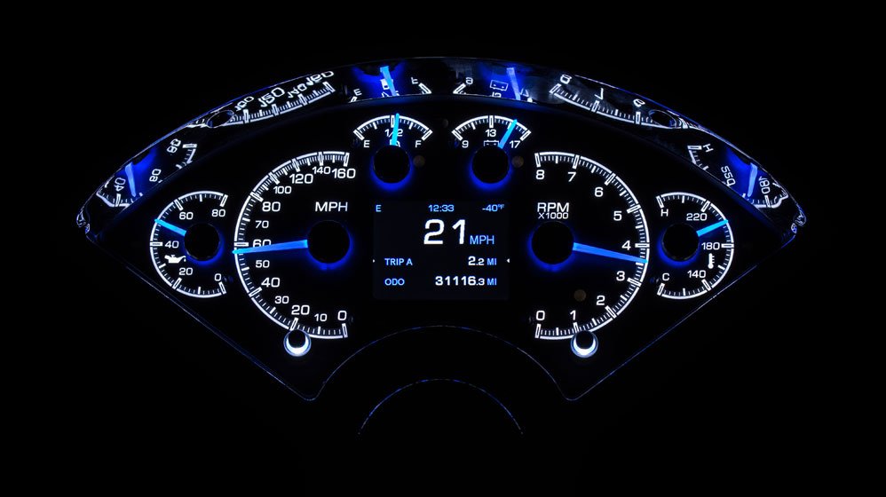 Dakota Digital HDX Gauges for 1955- 56 Chevy Car - HDX-55C illuminated in the Ice White theme.