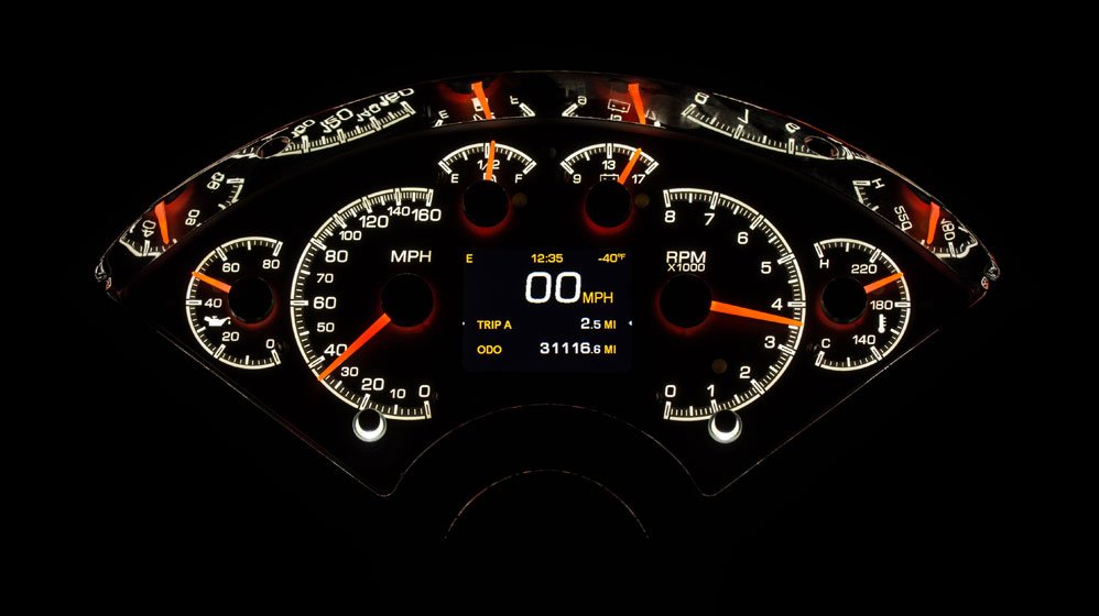 Dakota Digital HDX Gauges for 1955- 56 Chevy Car - HDX-55C illuminated in the Incandescent theme.