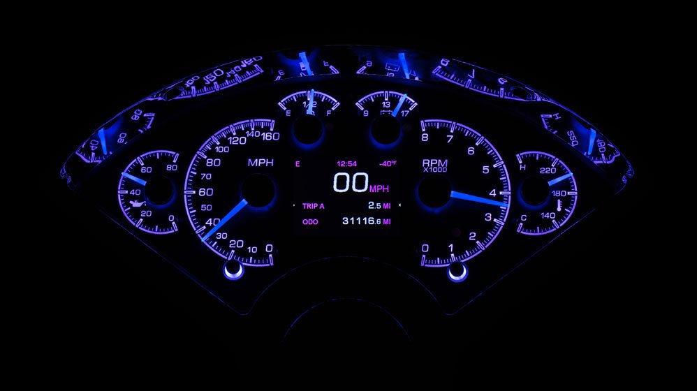 Dakota Digital HDX Gauges for 1955- 56 Chevy Car - HDX-55C illuminated in the Vivid Orchid theme.
