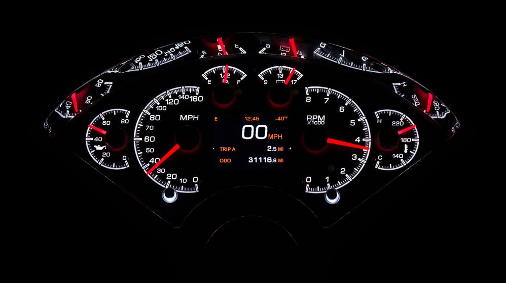 Dakota Digital HDX Gauges for 1955- 56 Chevy Car - HDX-55C illuminated in the White Hot theme.