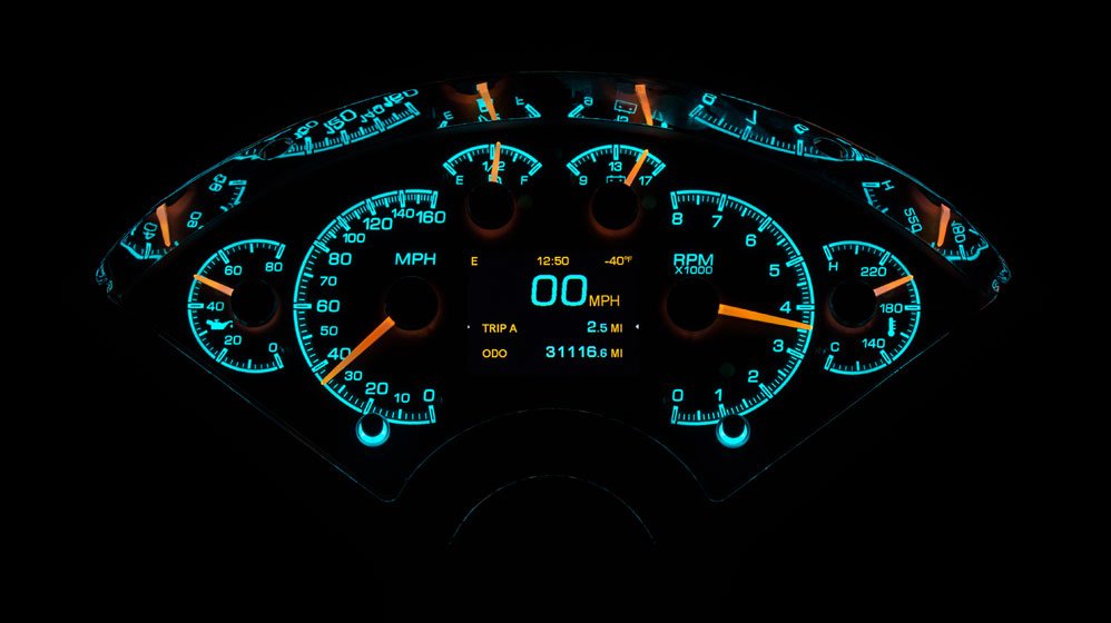 Dakota Digital HDX Gauges for 1955- 56 Chevy Car - HDX-55C illuminated in the Wild Aqua theme.